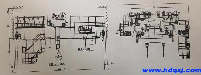 YZ型吊鉤橋式鑄造起重機結(jié)構(gòu)技術(shù)參數(shù)圖 YZ型吊鉤橋式鑄造起重機結(jié)構(gòu)技術(shù)參數(shù)圖